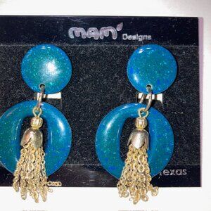 VINTAGE MAM DESIGNS BLUE GOLD SIGNED EARRINGS PIERCED